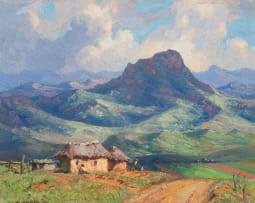 Willem Hermanus Coetzer; Rural Landscape with Huts and Distant Mountains