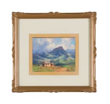 Willem Hermanus Coetzer; Rural Landscape with Huts and Distant Mountains