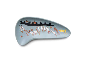 Kalahari Studio; Organic-shaped blue dish decorated with abstracted figures and animals