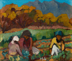 Maggie Laubser; Shepherd with Sheep (recto); Harvesters (verso)