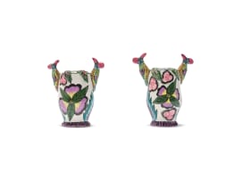 Ardmore Ceramic Studio; Salt and pepper holders with bird and flower decoration, two