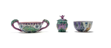 Ardmore Ceramic Studio; Bowl with Zulu warrior motif; Double-handeled dish decorated with chameleons; Lidded vessel with floral motif, three