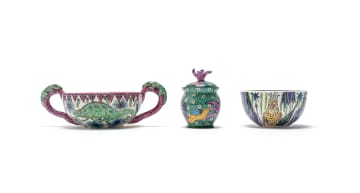 Ardmore Ceramic Studio; Bowl with Zulu warrior motif; Double-handeled dish decorated with chameleons; Lidded vessel with floral motif, three