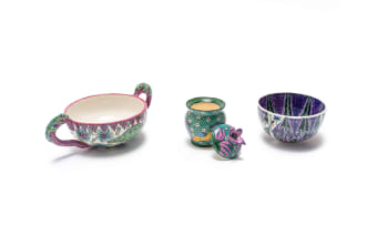 Ardmore Ceramic Studio; Bowl with Zulu warrior motif; Double-handeled dish decorated with chameleons; Lidded vessel with floral motif, three