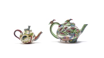 Ardmore Ceramic Studio; Teapot with bird and plant decoration; Teapot with leopard and protea decoration