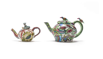Ardmore Ceramic Studio; Teapot with bird and plant decoration; Teapot with leopard and protea decoration