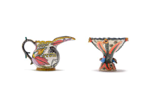 Ardmore Ceramic Studio; Footed bowl with birds and floral decoration; Jug with zebra and floral decoration, two