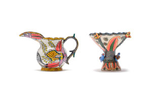 Ardmore Ceramic Studio; Footed bowl with birds and floral decoration; Jug with zebra and floral decoration, two