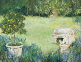 Ann Nosworthy; Garden Scene with Bench and Fruit Tree