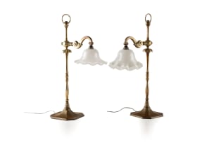 Pair of brass desk lamps with opaque glass shades, 19th century