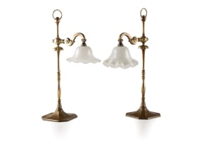 Pair of brass desk lamps with opaque glass shades, 19th century