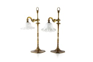 Pair of brass desk lamps with opaque glass shades, 19th century