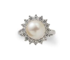 Pearl and diamond cluster ring