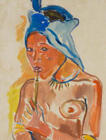 Irma Stern; Woman with a Headscarf, Smoking a Pipe