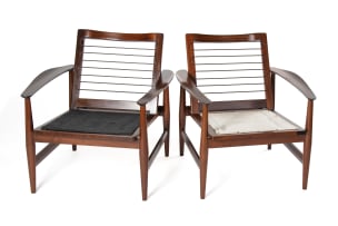Pair of Danish style upholstered imbuia armchairs