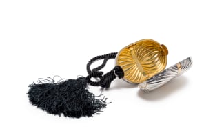 Gucci; A Vintage Sterling Silver and 18K Gold Gucci Minaudière Evening Clutch with Tiger's Eye Clasp