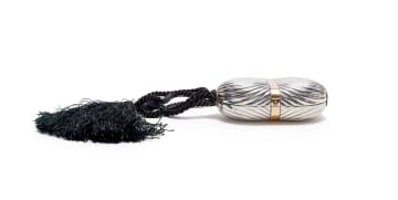 Gucci; A Vintage Sterling Silver and 18K Gold Gucci Minaudière Evening Clutch with Tiger's Eye Clasp