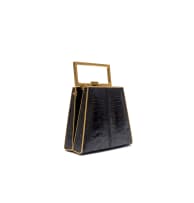 Lorenzi; A Black Ostrich Leather Evening Clutch with Antique Gold-Tone Hardware