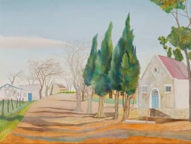 Simon Jones; Tree-lined Road with Houses