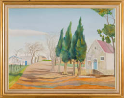 Simon Jones; Tree-lined Road with Houses
