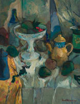Eben van der Merwe; Still Life with Coffee Pot and Bowl of Fruit