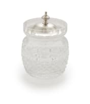 An Elizabeth II glass and silver covered condiment jar, John Turton & Co, Sheffield, 1957