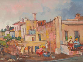 Kobus Louw; Street Scene with Figures and Washing Line