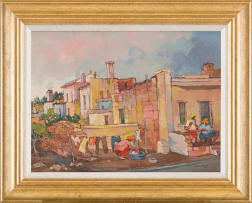 Kobus Louw; Street Scene with Figures and Washing Line
