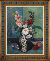 Pranas Domsaitis; Spring Flowers in a Vase with Fruit (recto); Street Scene with Figures (verso)