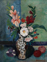 Pranas Domsaitis; Spring Flowers in a Vase with Fruit (recto); Street Scene with Figures (verso)