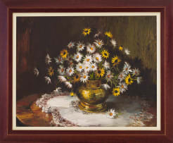 Mari Vermeulen-Breedt; Still Life with Daises in a Brass Pot
