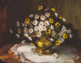 Mari Vermeulen-Breedt; Still Life with Daises in a Brass Pot