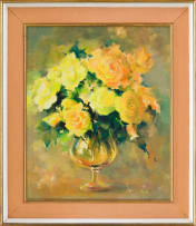 Ruth Squibb; Yellow Roses in a Brandy Glass