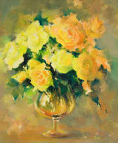 Ruth Squibb; Yellow Roses in a Brandy Glass