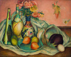 Alexis Preller; Still Life with Flowers, Fruit, Shell, and Vase