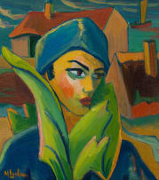Maggie Laubser; Composition with Head, Foliage and Huts