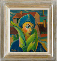 Maggie Laubser; Composition with Head, Foliage and Huts