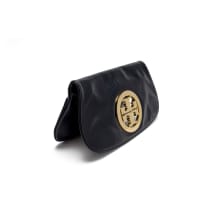 Tory Burch; A Black Leather Clutch with Gold-Tone Logo