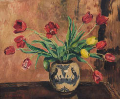 Robert Broadley; Tulips in a Porcelain Vase