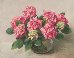 Frans Oerder; Pink Hydrangeas in a Glass Vase