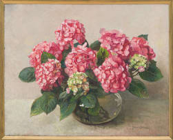 Frans Oerder; Pink Hydrangeas in a Glass Vase