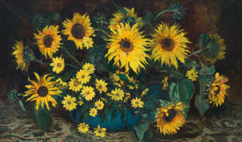 Frans Oerder; Sunflowers in a Blue Vase