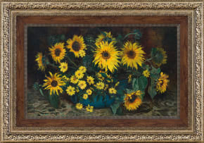 Frans Oerder; Sunflowers in a Blue Vase