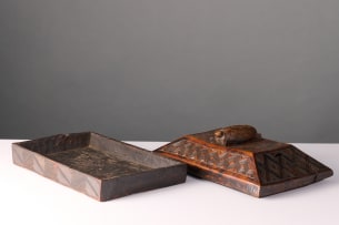 Kuba wooden box with geometric pattern and tortoise decoration, DRC