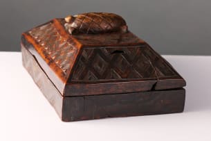 Kuba wooden box with geometric pattern and tortoise decoration, DRC