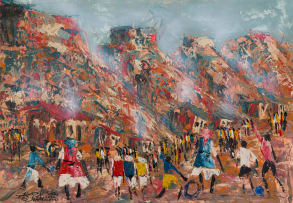 Solly (Solomon) Sekhaolelo; Township Scene with Distant Mountains