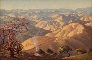 Nils Andersen; Extensive Landscape with Huts and Coral Tree