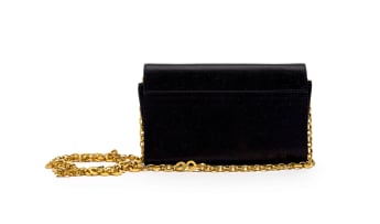 Salvatore Ferragamo; Black Satin Vara Bow Evening Clutch with Gold-Tone Hardware