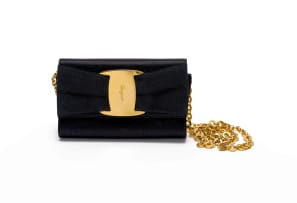 Salvatore Ferragamo; Black Satin Vara Bow Evening Clutch with Gold-Tone Hardware