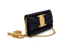 Salvatore Ferragamo; Black Satin Vara Bow Evening Clutch with Gold-Tone Hardware